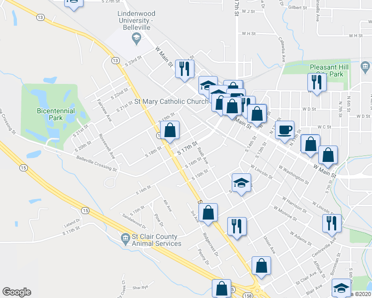 map of restaurants, bars, coffee shops, grocery stores, and more near 221 South 17th Street in Belleville
