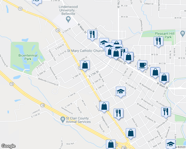 map of restaurants, bars, coffee shops, grocery stores, and more near 229 South 17th Street in Belleville