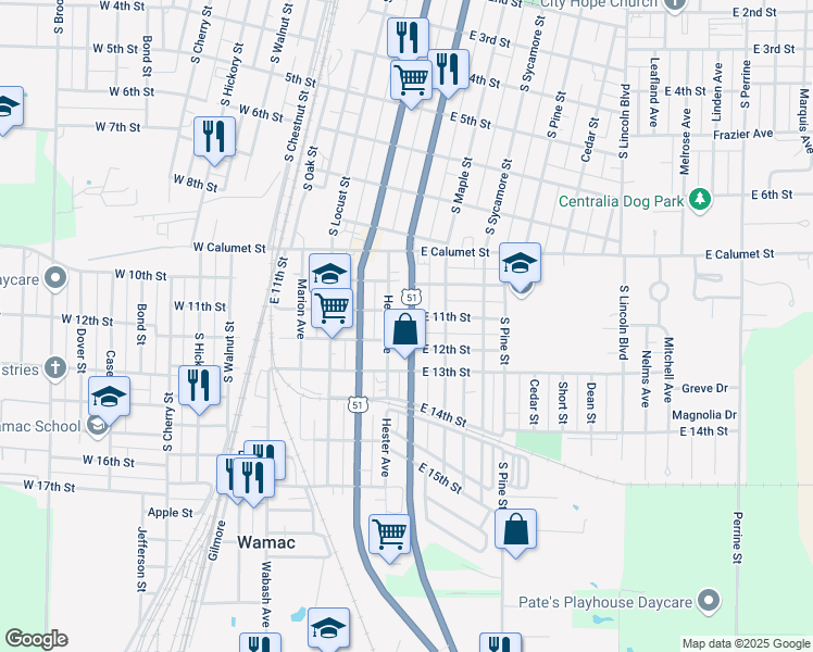 map of restaurants, bars, coffee shops, grocery stores, and more near 518 East 12th Street in Centralia