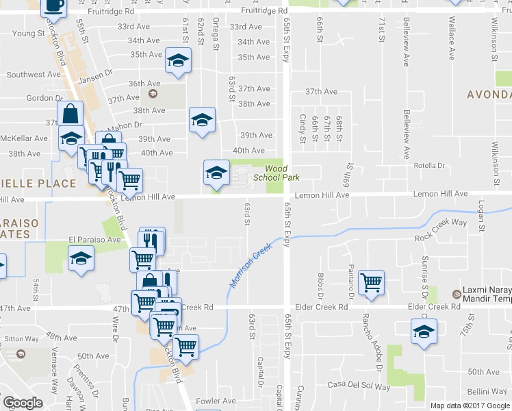 map of restaurants, bars, coffee shops, grocery stores, and more near 6115 63rd Street in Sacramento
