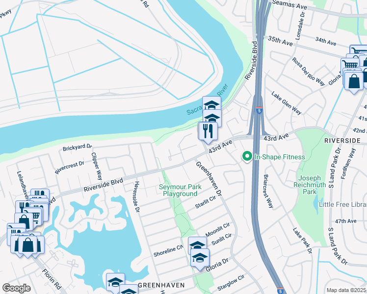 map of restaurants, bars, coffee shops, grocery stores, and more near 6120 Riverside Boulevard in Sacramento