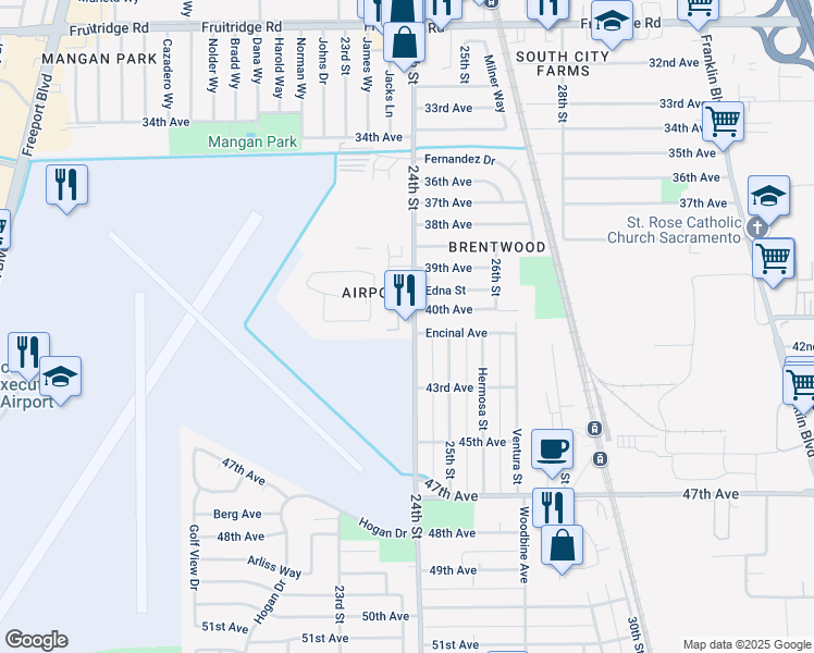 map of restaurants, bars, coffee shops, grocery stores, and more near 5980 24th Street in Sacramento