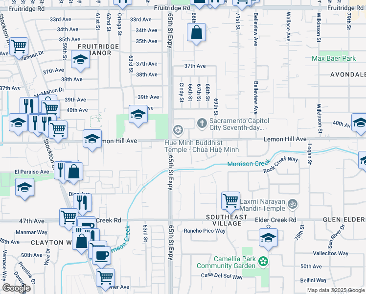 map of restaurants, bars, coffee shops, grocery stores, and more near 6536 Lemon Hill Avenue in Sacramento