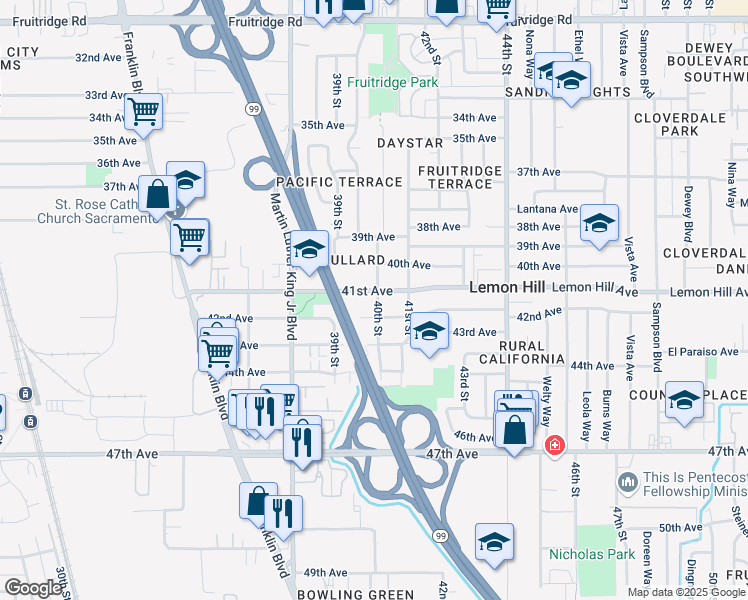 map of restaurants, bars, coffee shops, grocery stores, and more near 6100 40th Street in Sacramento