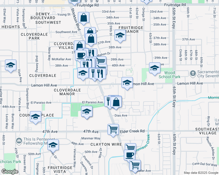 map of restaurants, bars, coffee shops, grocery stores, and more near 6107 Stockton Boulevard in Sacramento
