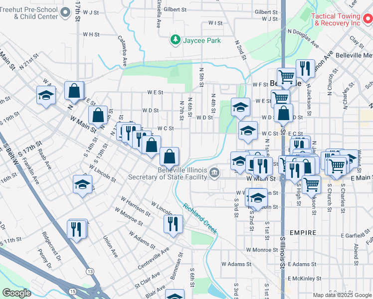 map of restaurants, bars, coffee shops, grocery stores, and more near 203 North 6th Street in Belleville