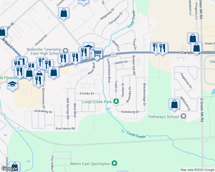 map of restaurants, bars, coffee shops, grocery stores, and more near 317 Lincolnshire Boulevard in Belleville