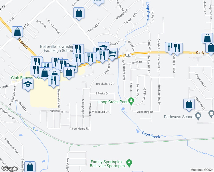 map of restaurants, bars, coffee shops, grocery stores, and more near 1032 Brookshire Court in Belleville