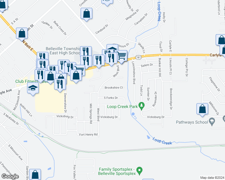 map of restaurants, bars, coffee shops, grocery stores, and more near 1024 Brookshire Court in Belleville