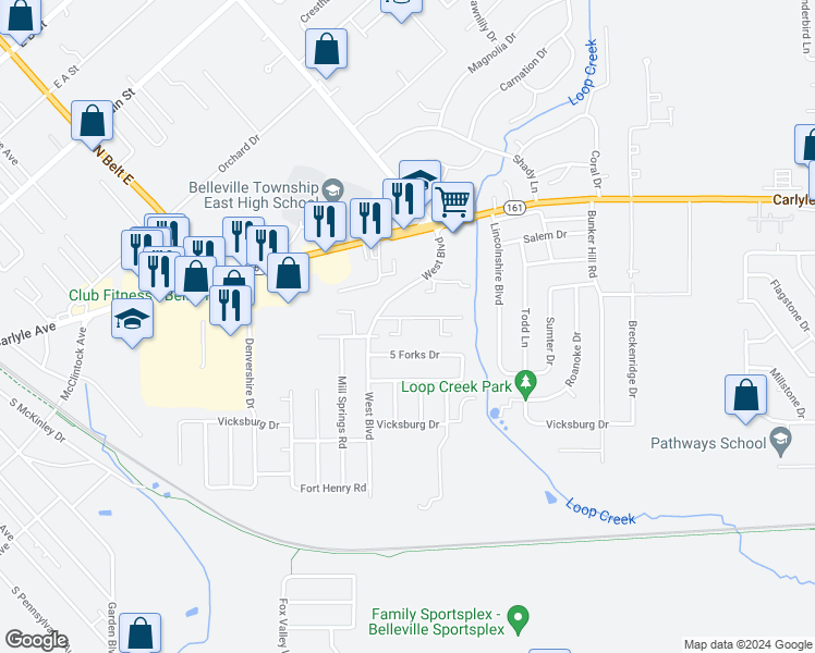 map of restaurants, bars, coffee shops, grocery stores, and more near 1016 Brookshire Court in Belleville