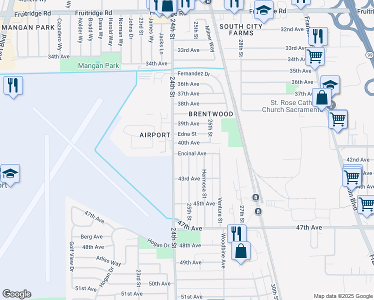map of restaurants, bars, coffee shops, grocery stores, and more near 2427 Encinal Avenue in Sacramento