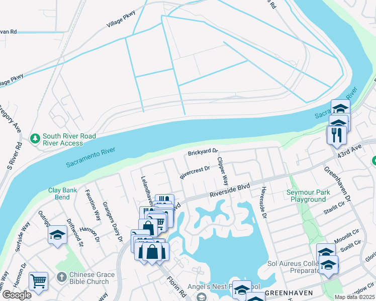 map of restaurants, bars, coffee shops, grocery stores, and more near 639 Brickyard Drive in Sacramento