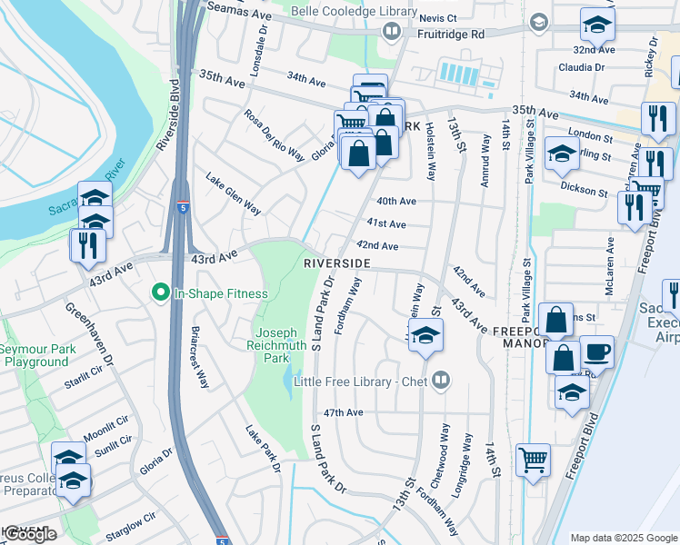 map of restaurants, bars, coffee shops, grocery stores, and more near 1200 43rd Ave in Sacramento