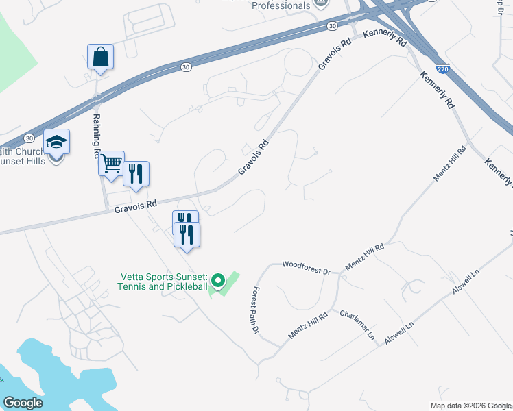 map of restaurants, bars, coffee shops, grocery stores, and more near 11046 Chateau Chura Drive in St. Louis