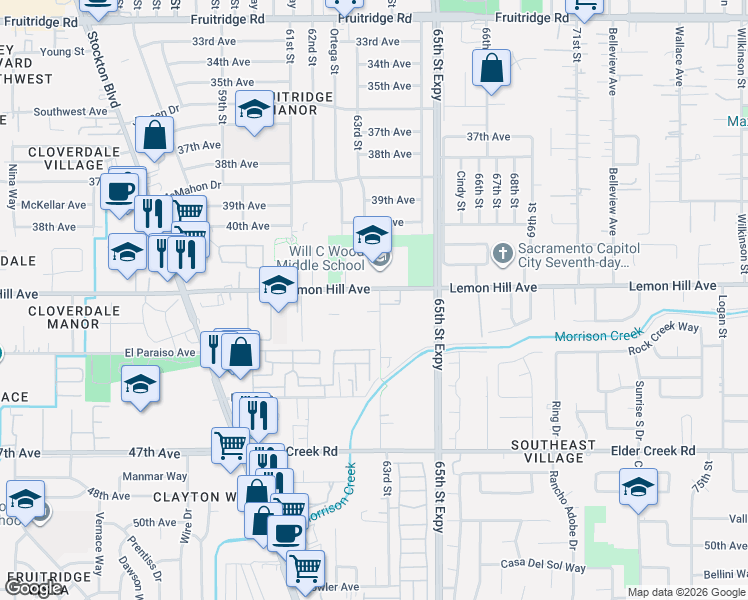 map of restaurants, bars, coffee shops, grocery stores, and more near 6115 63rd Street in Sacramento