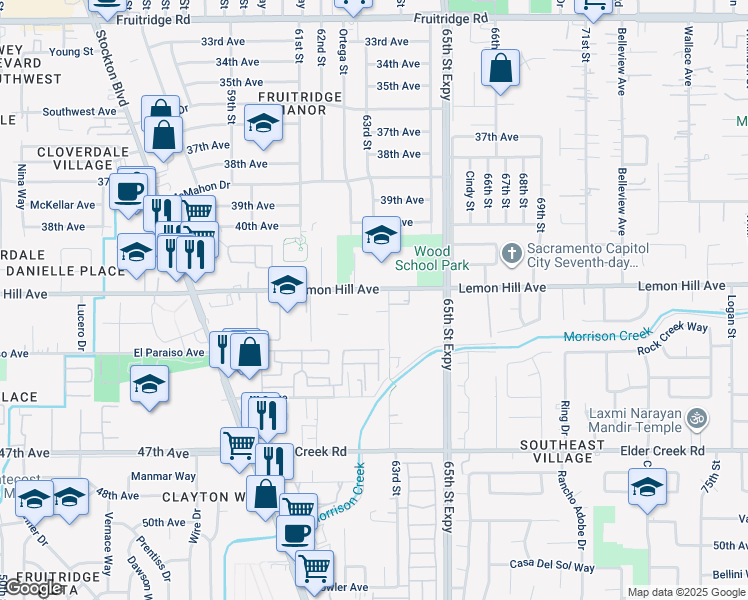 map of restaurants, bars, coffee shops, grocery stores, and more near 6286 Lemon Hill Avenue in Sacramento