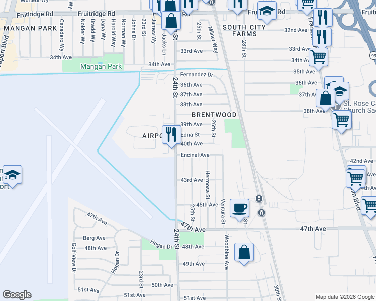 map of restaurants, bars, coffee shops, grocery stores, and more near 2427 Encinal Avenue in Sacramento