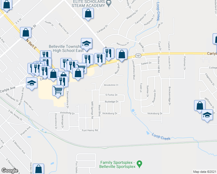 map of restaurants, bars, coffee shops, grocery stores, and more near 1016 Brookshire Court in Belleville