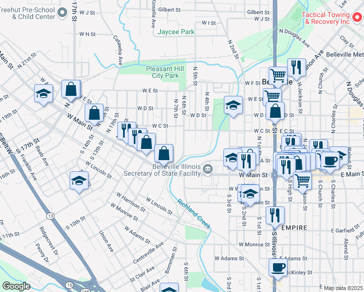 map of restaurants, bars, coffee shops, grocery stores, and more near 203 North 6th Street in Belleville