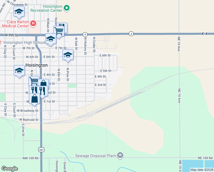 map of restaurants, bars, coffee shops, grocery stores, and more near 807 East 3rd Street in Hoisington