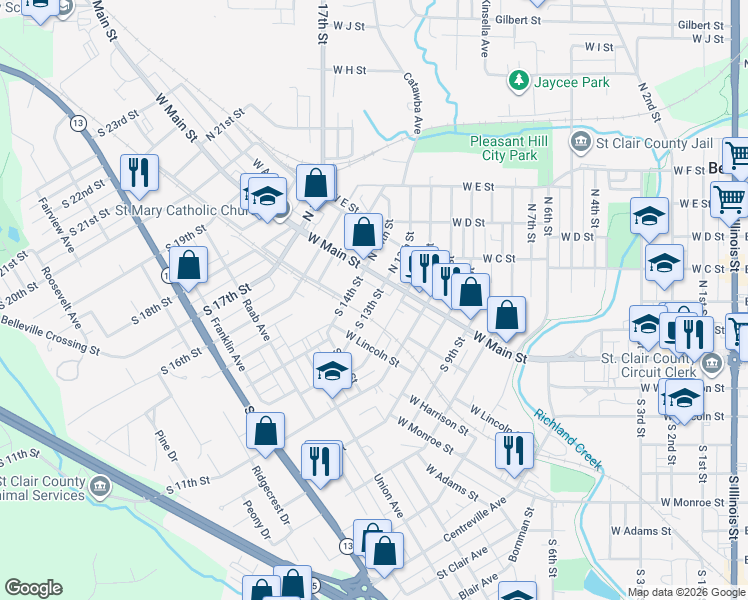 map of restaurants, bars, coffee shops, grocery stores, and more near 25 South 13th Street in Belleville