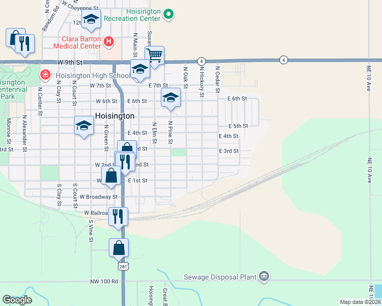 map of restaurants, bars, coffee shops, grocery stores, and more near 501 East 3rd Street in Hoisington