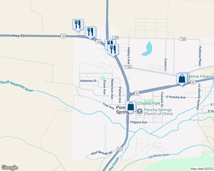 map of restaurants, bars, coffee shops, grocery stores, and more near 95 Evans Avenue in Salida