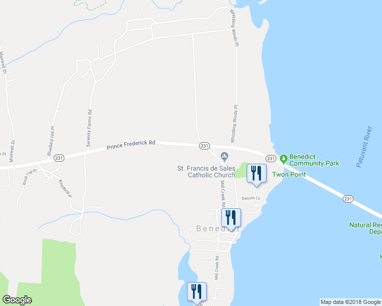 map of restaurants, bars, coffee shops, grocery stores, and more near 18093 Prince Frederick Road in Hughesville