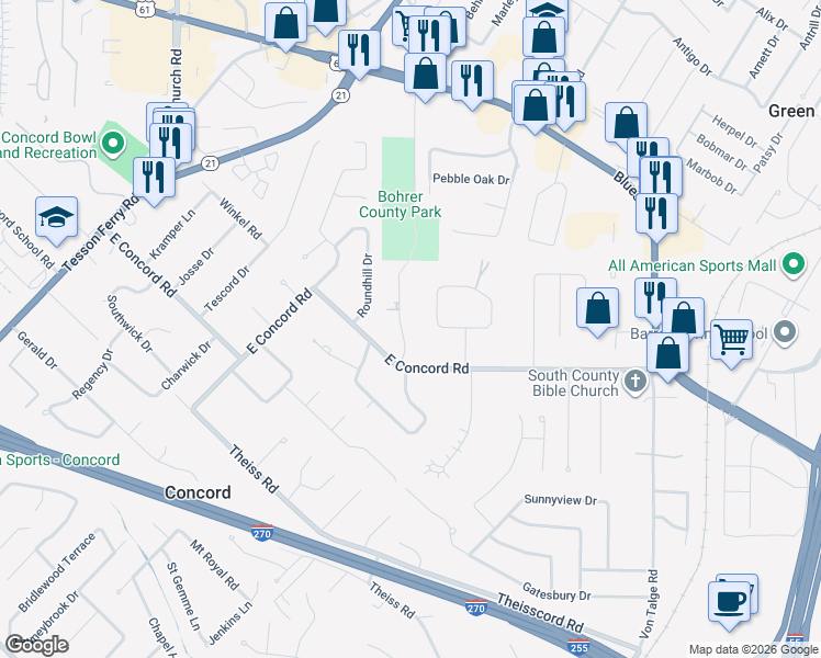 map of restaurants, bars, coffee shops, grocery stores, and more near 4130 Jamie Drive in St. Louis