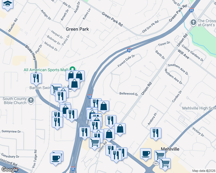 map of restaurants, bars, coffee shops, grocery stores, and more near 4515 Bellewood Drive in St. Louis