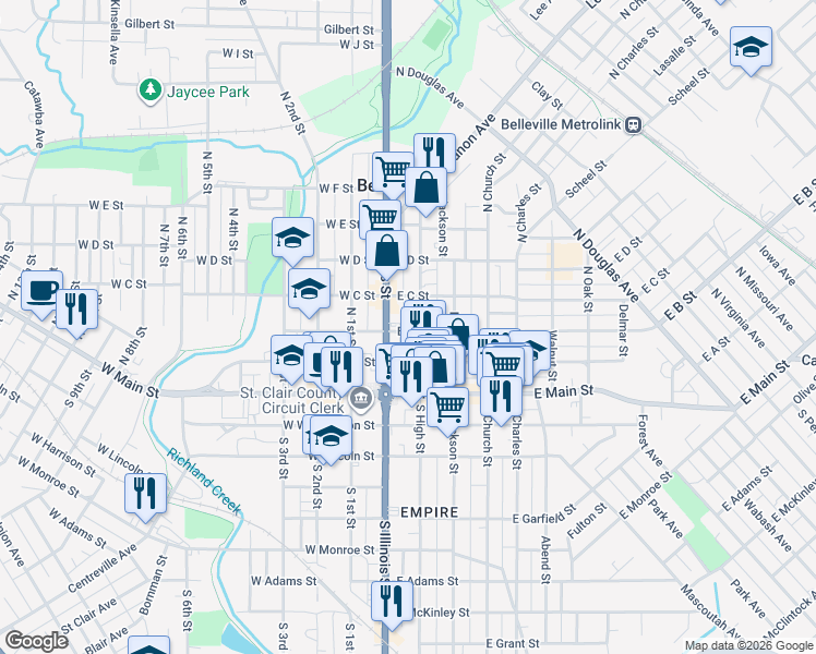 map of restaurants, bars, coffee shops, grocery stores, and more near 17 East B Street in Belleville
