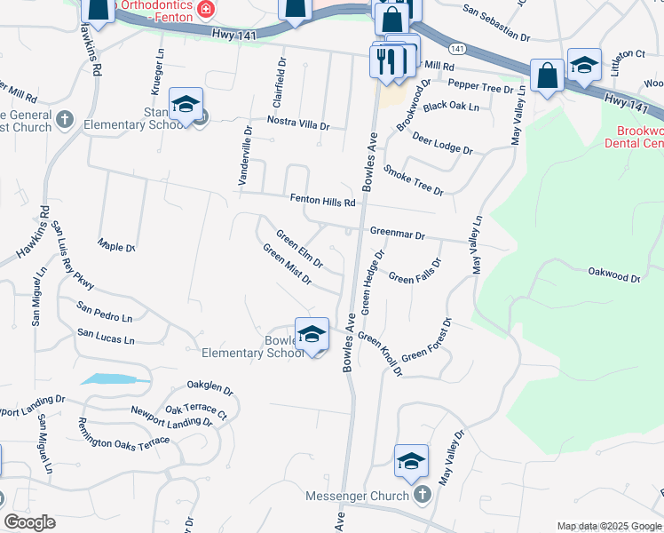map of restaurants, bars, coffee shops, grocery stores, and more near 1315 Green Elm Drive in Fenton