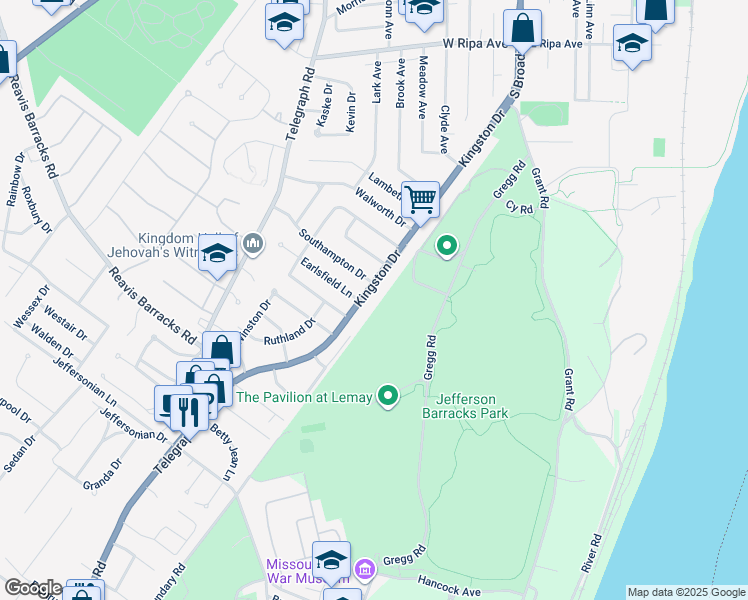map of restaurants, bars, coffee shops, grocery stores, and more near 344 Kingston Drive in Saint Louis