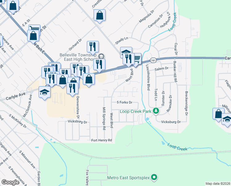 map of restaurants, bars, coffee shops, grocery stores, and more near in St. Clair County