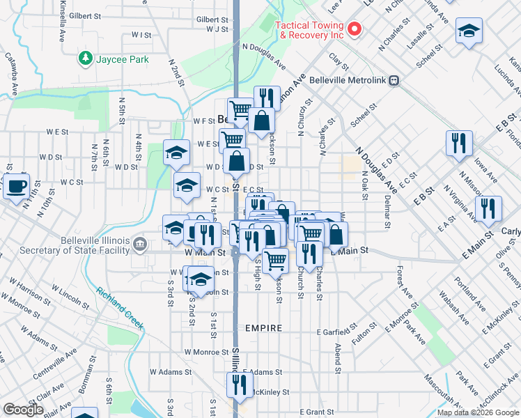map of restaurants, bars, coffee shops, grocery stores, and more near 115 East B Street in Belleville