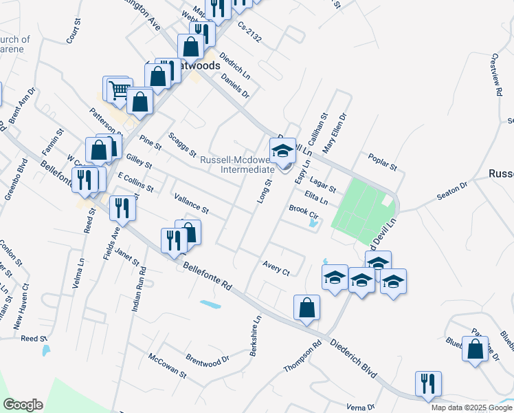 map of restaurants, bars, coffee shops, grocery stores, and more near 2234 Long Street in Flatwoods
