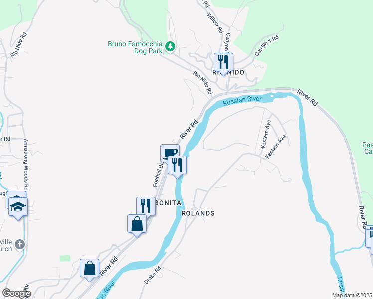 map of restaurants, bars, coffee shops, grocery stores, and more near 14955 River Road in Guerneville