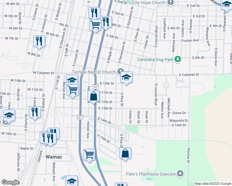 map of restaurants, bars, coffee shops, grocery stores, and more near 1100 South Sycamore Street in Centralia