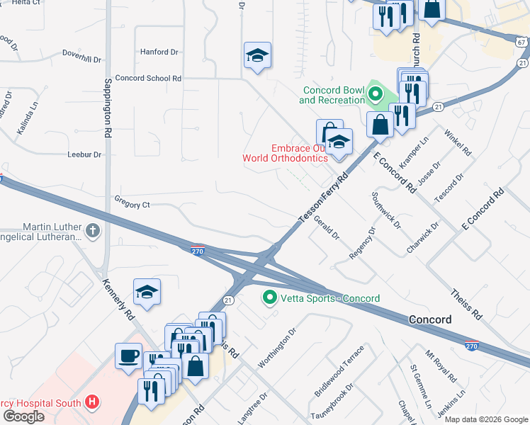map of restaurants, bars, coffee shops, grocery stores, and more near 10032 Carolynne Drive in Sappington