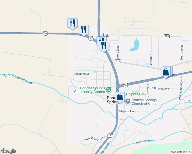 map of restaurants, bars, coffee shops, grocery stores, and more near 94 Evans Avenue in Poncha Springs