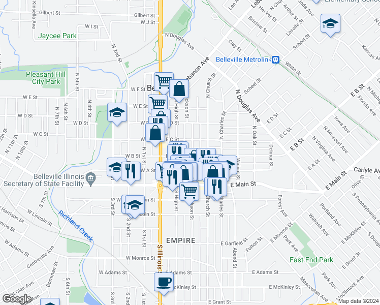 map of restaurants, bars, coffee shops, grocery stores, and more near 115 East B Street in Belleville