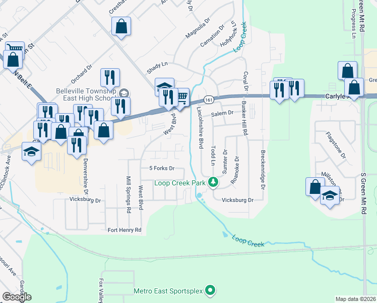 map of restaurants, bars, coffee shops, grocery stores, and more near 317 Lincolnshire Boulevard in Belleville