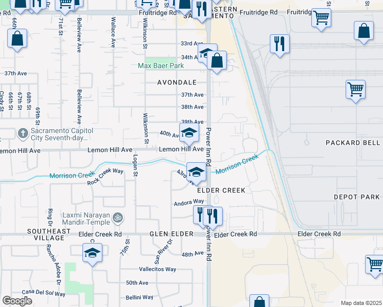 map of restaurants, bars, coffee shops, grocery stores, and more near 7934 Lemon Hill Avenue in Sacramento