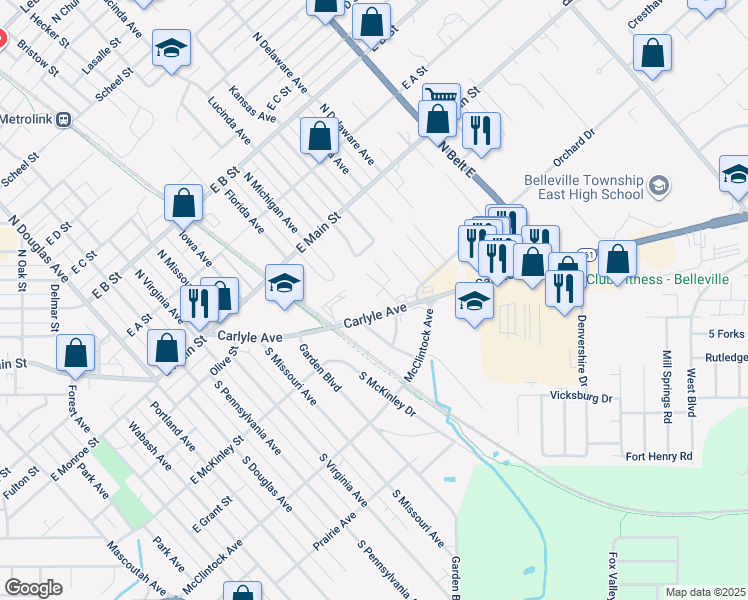map of restaurants, bars, coffee shops, grocery stores, and more near 305 Carlyle Avenue in Belleville