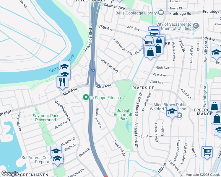 map of restaurants, bars, coffee shops, grocery stores, and more near 6120 Gloria Drive in Sacramento
