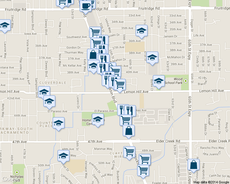 map of restaurants, bars, coffee shops, grocery stores, and more near 6100 Stockton Boulevard in Sacramento