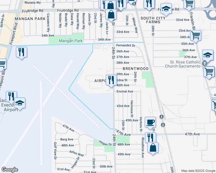 map of restaurants, bars, coffee shops, grocery stores, and more near 5980 24th Street in Sacramento