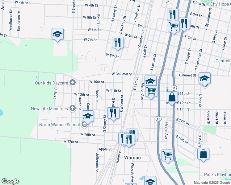 map of restaurants, bars, coffee shops, grocery stores, and more near 1101 South Hickory Street in Centralia