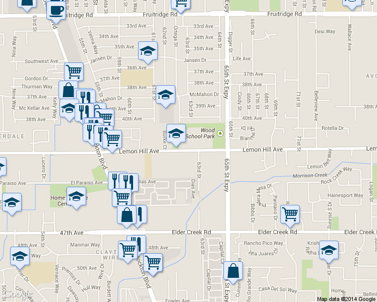 map of restaurants, bars, coffee shops, grocery stores, and more near 6286 Lemon Hill Avenue in Sacramento