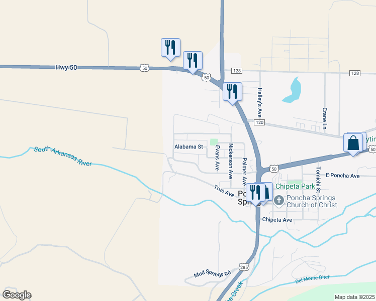 map of restaurants, bars, coffee shops, grocery stores, and more near 650 Hoover Circle in Salida